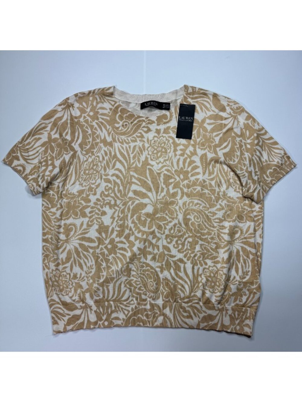 Lauren Ralph Lauren Sweater Women's XXL Beige Floral Cotton Tight-Knit Winter